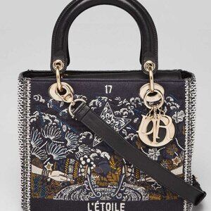 Christian Dior Blue Canvas Tarot Embroidered and Beaded Medium Lady Dior Bag